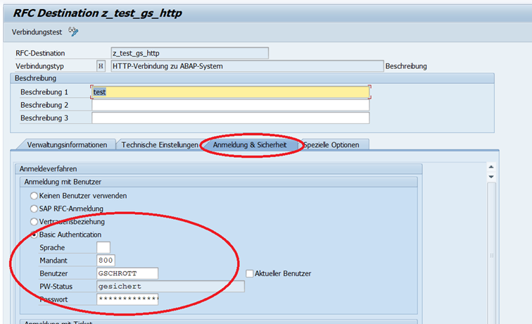 Abb. 4: Schnittstellen-Definition im Startsystem, Benutzer-Anmeldedaten