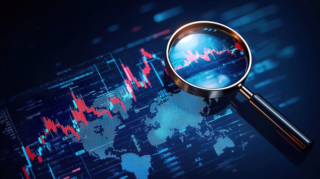 a close up view of a magnifying glass over financial data charts, showcasing market analysis and investment insights.