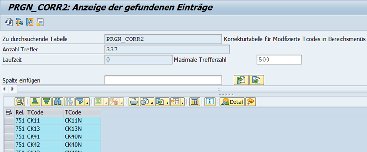 Abb. 7: Tabelle PRGN_CORR2 – Ausgabe der ersetzten Transaktionen im SAP-Release 751